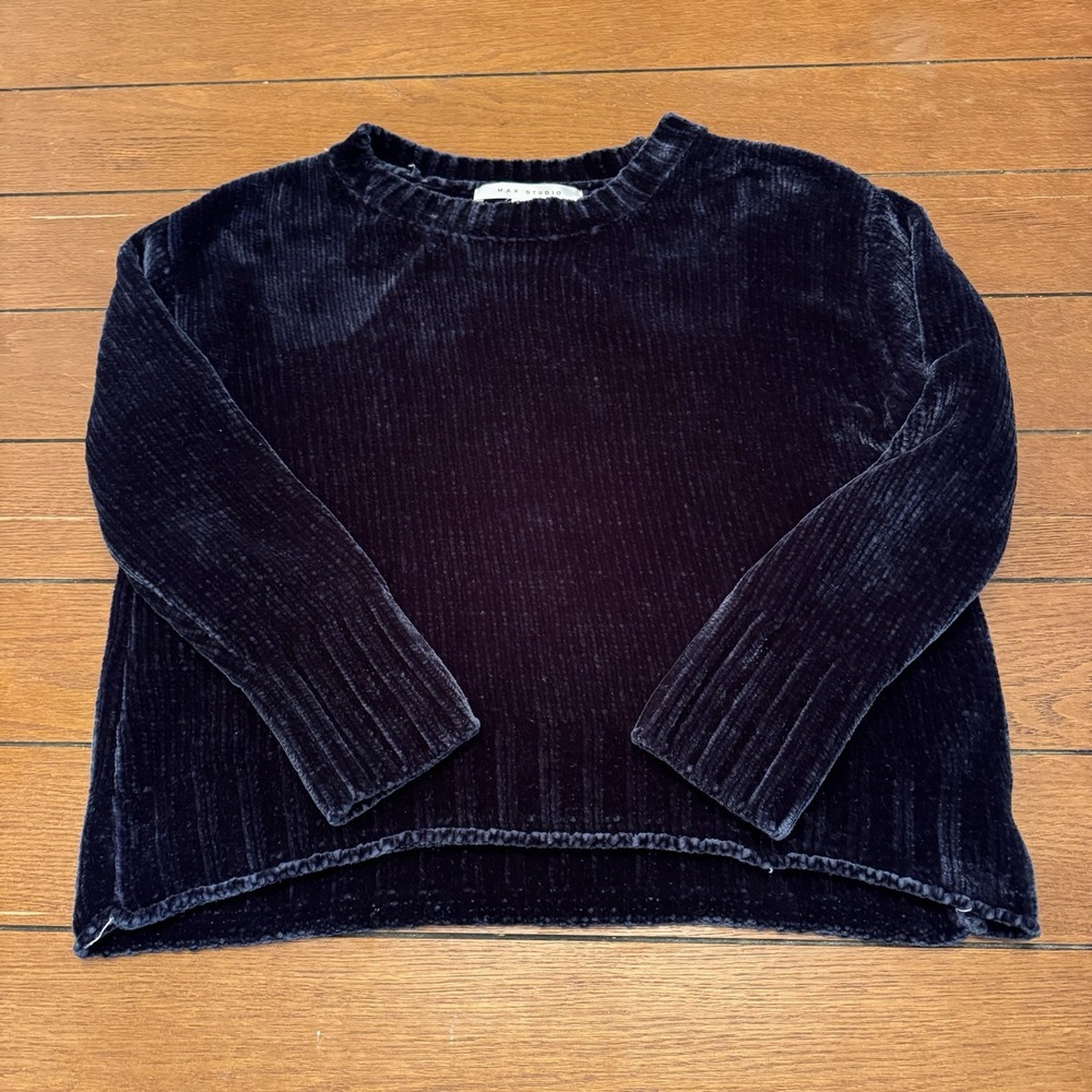 Max Studio Chenille Ribbed Knit Sweater Medium Navy Blue Velvet Like Soft Cozy